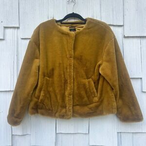 Zara TRF Outerwear Faux Fur Jacket Mustard Yellow Cropped Snap Front Women's M